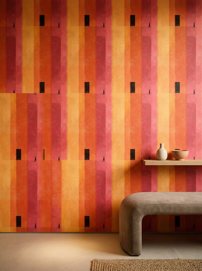 Soyut Şeritli Duvar Kağıdı Turuncu Pembe Modern Salon