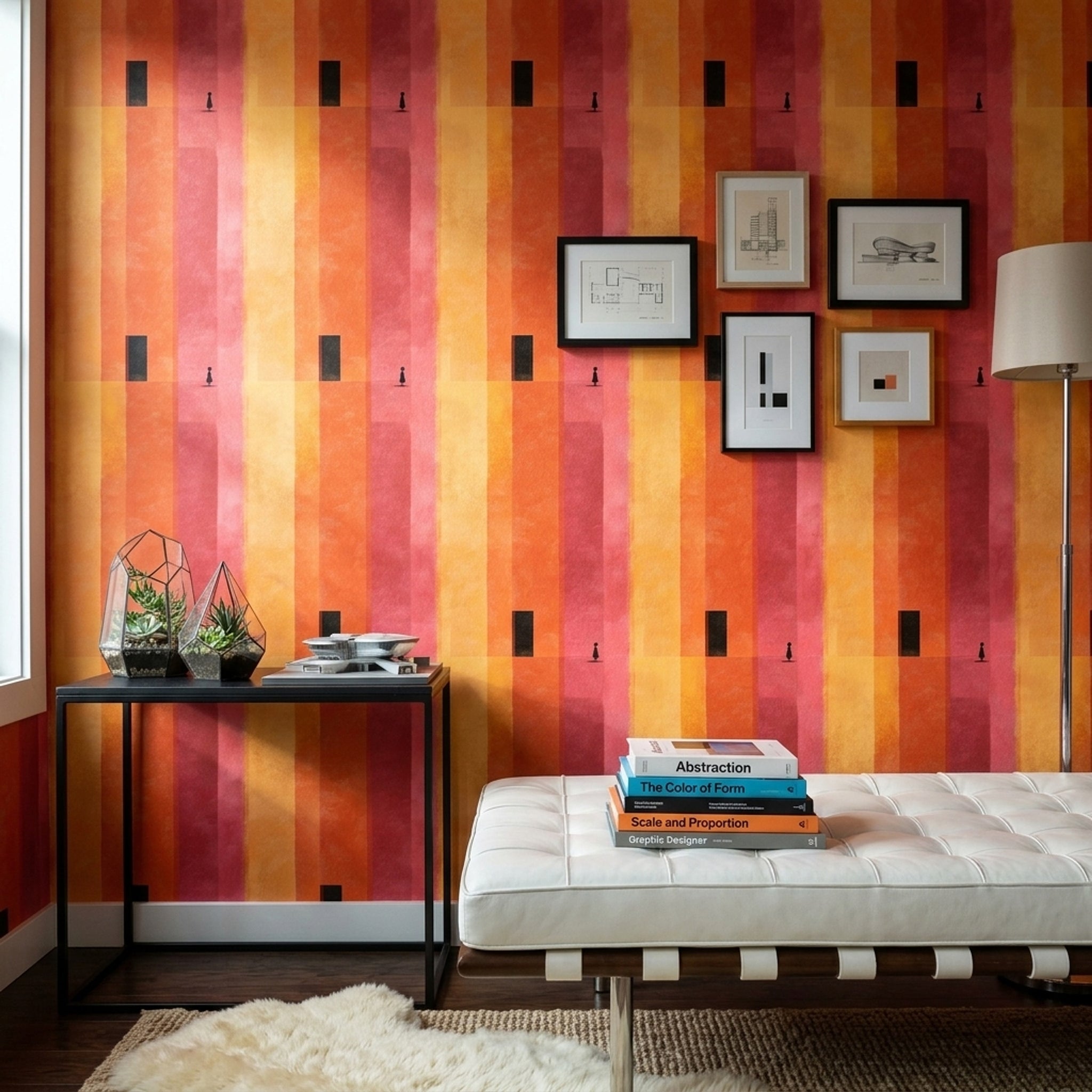 Soyut Şeritli Duvar Kağıdı Turuncu Pembe Modern Salon