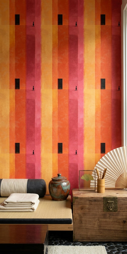 Soyut Şeritli Duvar Kağıdı Turuncu Pembe Modern Salon