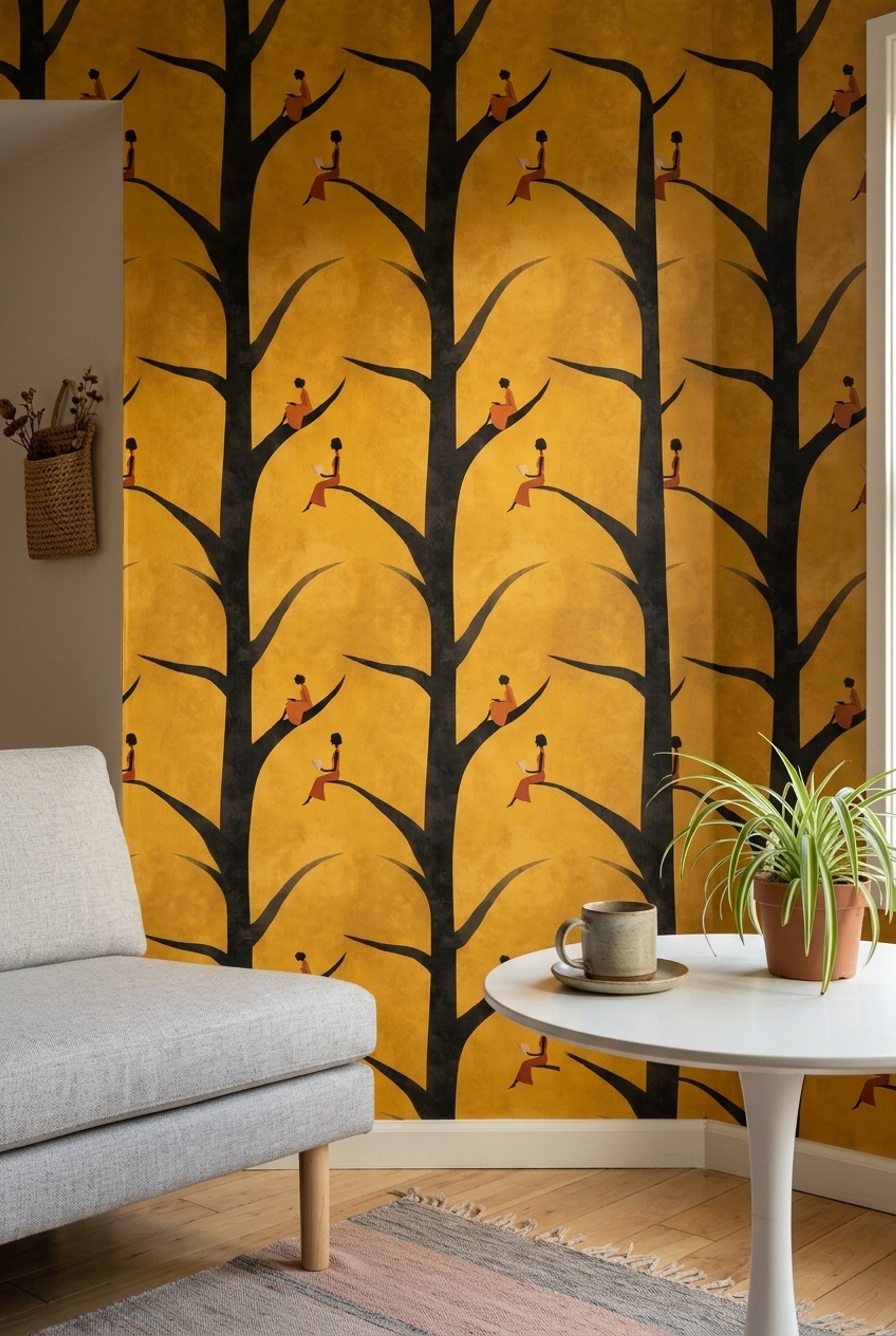 Ağaç Siluetli Duvar Kağıdı Hardal Sarı Modern Salon