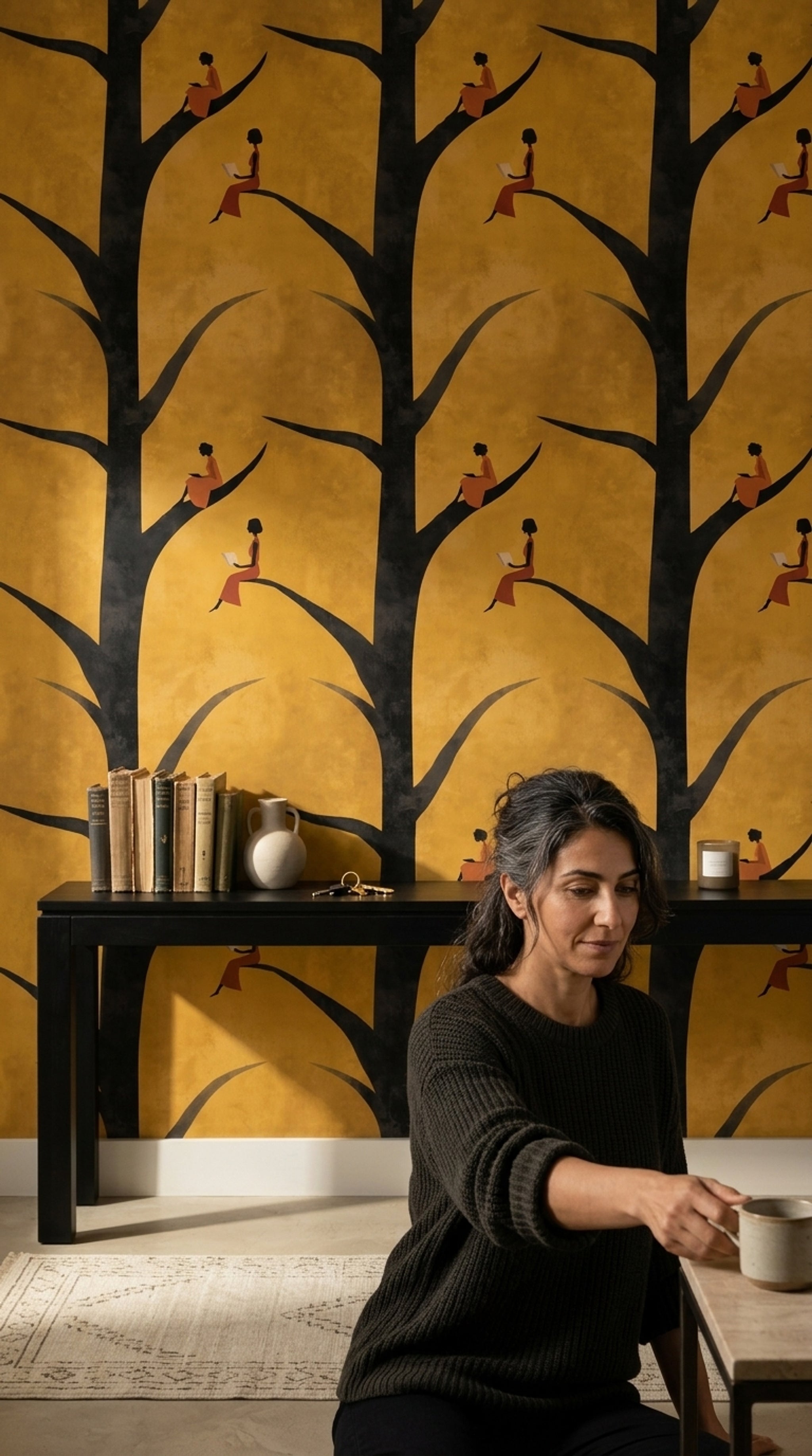 Ağaç Siluetli Duvar Kağıdı Hardal Sarı Modern Salon