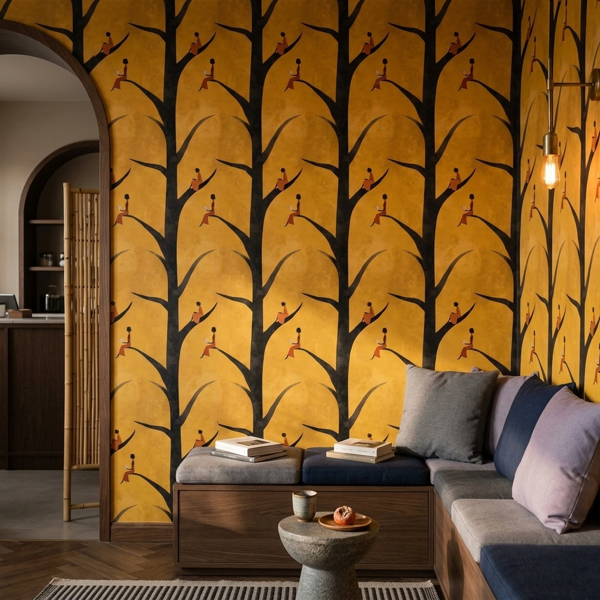 Ağaç Siluetli Duvar Kağıdı Hardal Sarı Modern Salon