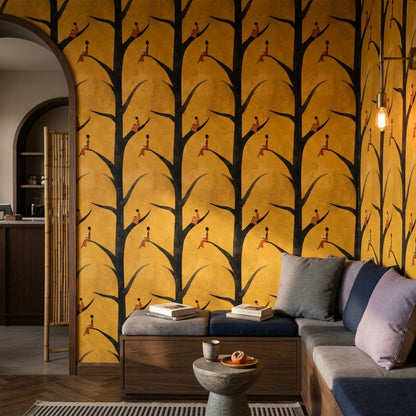 Ağaç Siluetli Duvar Kağıdı Hardal Sarı Modern Salon