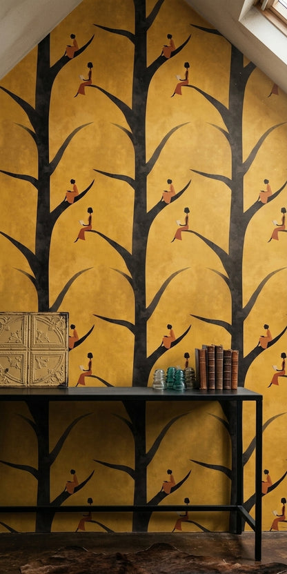 Ağaç Siluetli Duvar Kağıdı Hardal Sarı Modern Salon