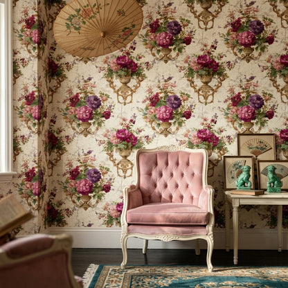 Klasik Vazo Çiçekli Duvar Kağıdı Krem Salon Deseni