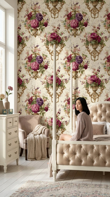 Klasik Vazo Çiçekli Duvar Kağıdı Krem Salon Deseni
