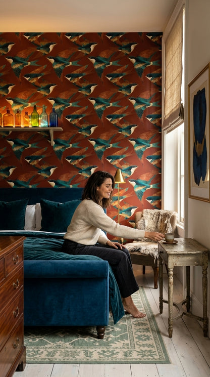 Kırlangıç Kuşlu Duvar Kağıdı Kiremit Kırmızısı Modern Desen