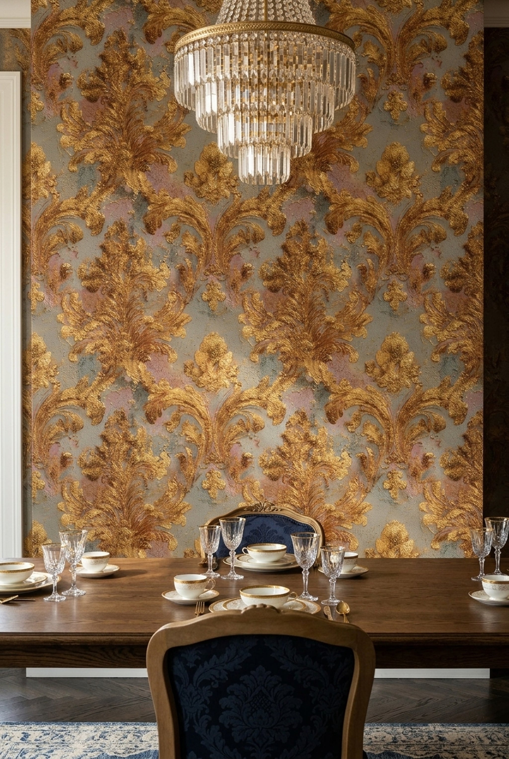 Altın Barok Damask Duvar Kağıdı Gri Zemin Salon