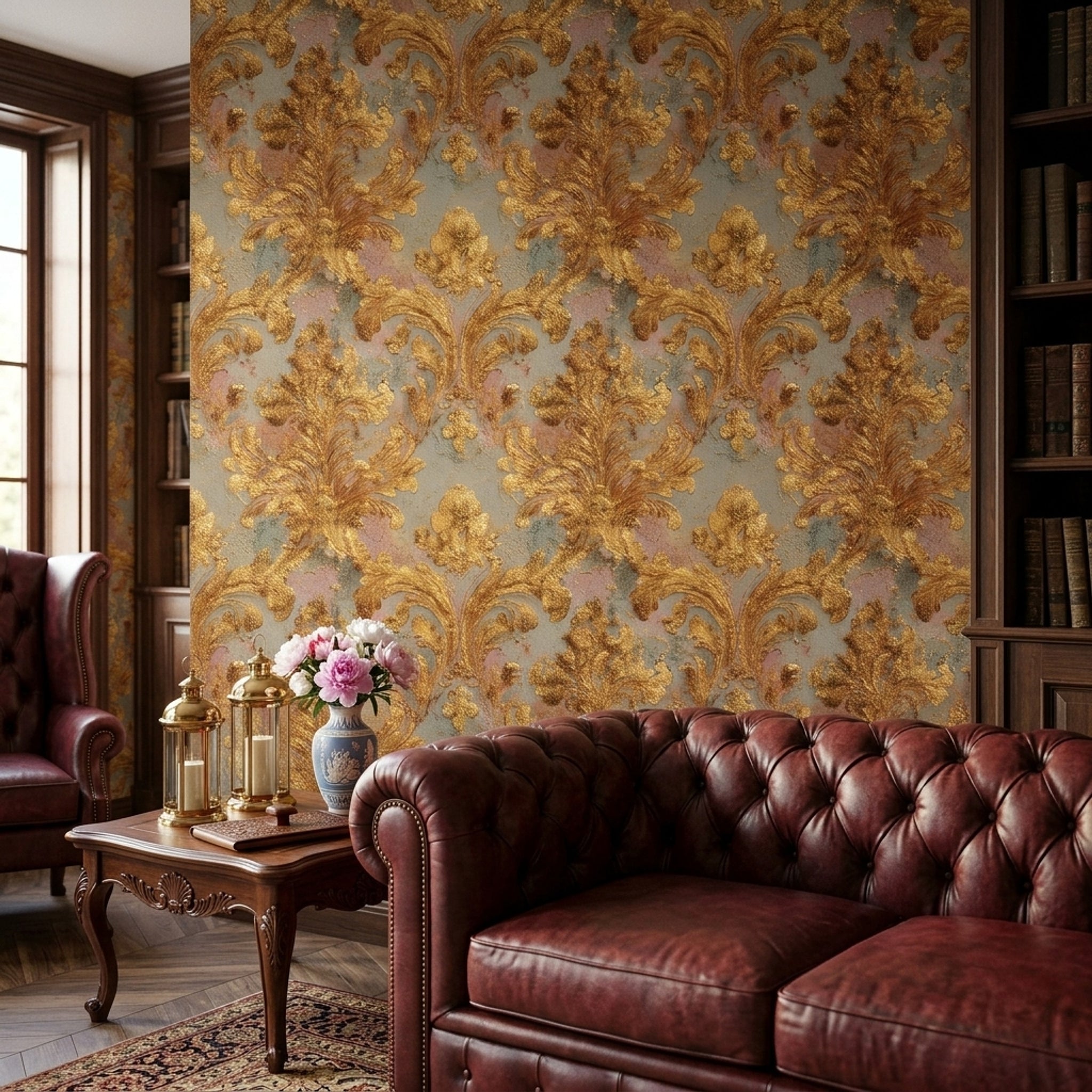 Altın Barok Damask Duvar Kağıdı Gri Zemin Salon