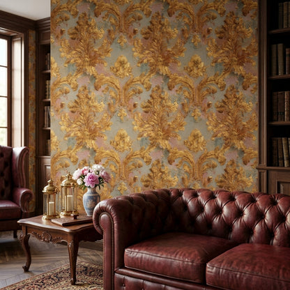 Altın Barok Damask Duvar Kağıdı Gri Zemin Salon