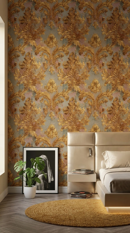 Altın Barok Damask Duvar Kağıdı Gri Zemin Salon
