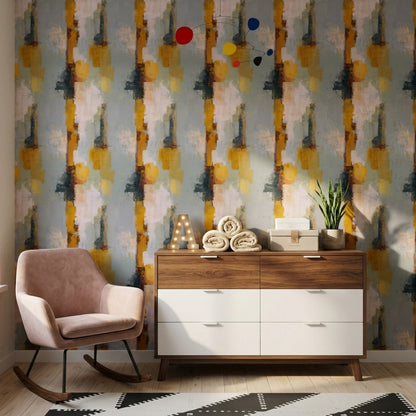 Soyut Fırça Desenli Duvar Kağıdı Sarı Gri Modern Salon