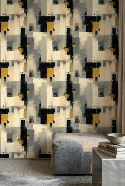 Geometrik Soyut Duvar Kağıdı Sarı Gri Modern Salon