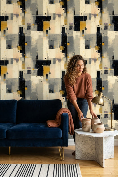 Geometrik Soyut Duvar Kağıdı Sarı Gri Modern Salon