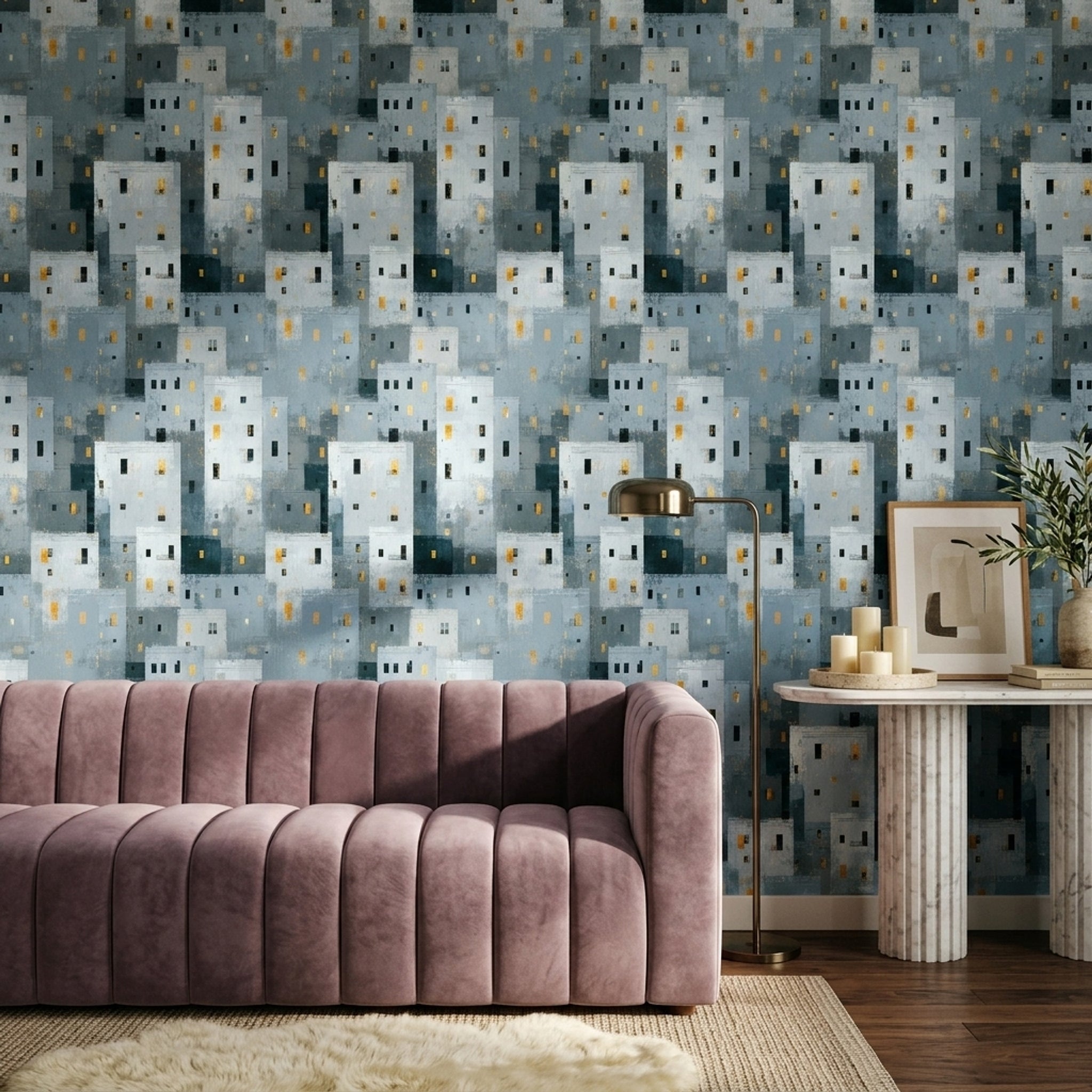 Soyut Şehir Silueti Duvar Kağıdı Gri Sarı Modern Salon