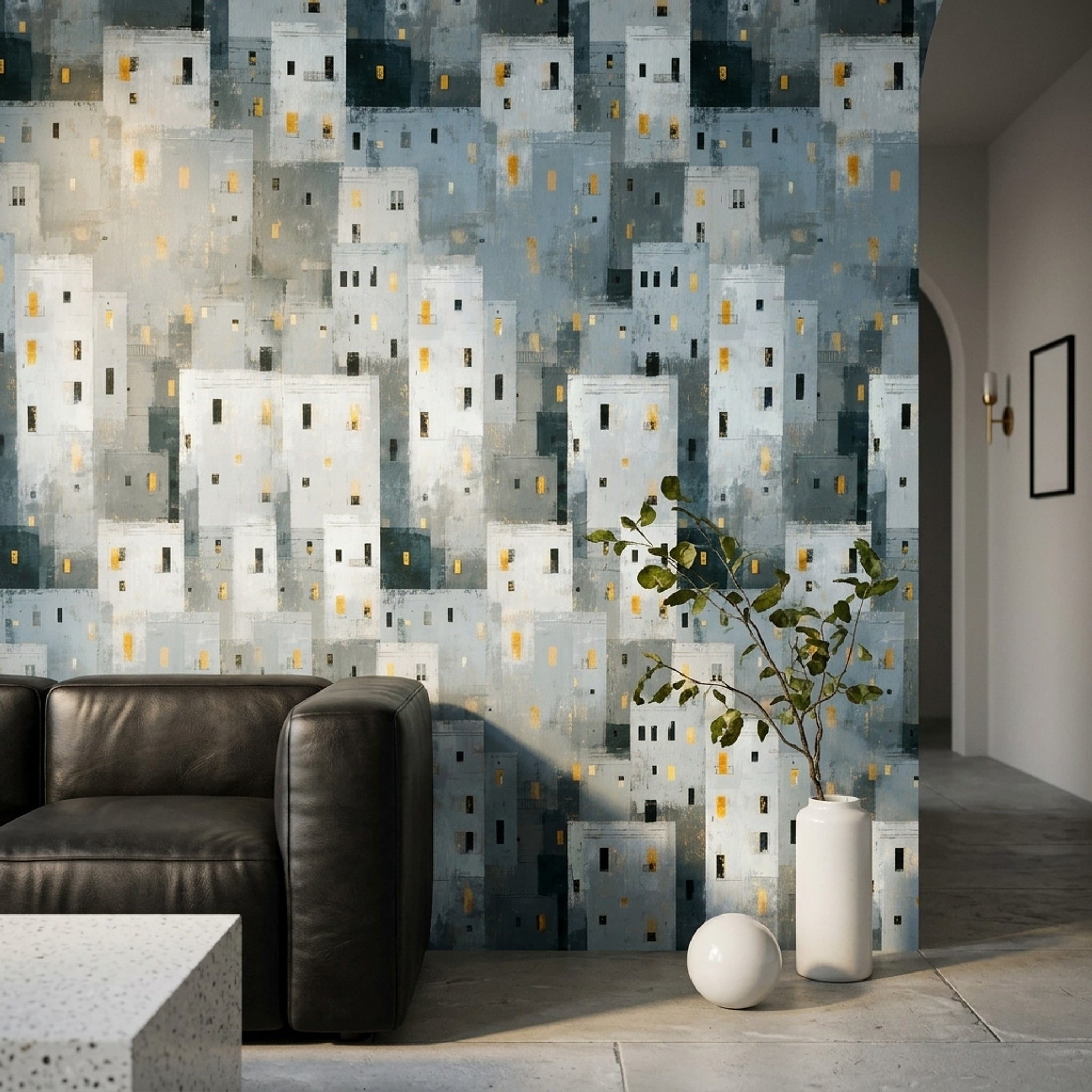 Soyut Şehir Silueti Duvar Kağıdı Gri Sarı Modern Salon