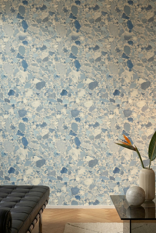 Terrazzo Desenli Duvar Kağıdı Mavi Gri Modern Salon