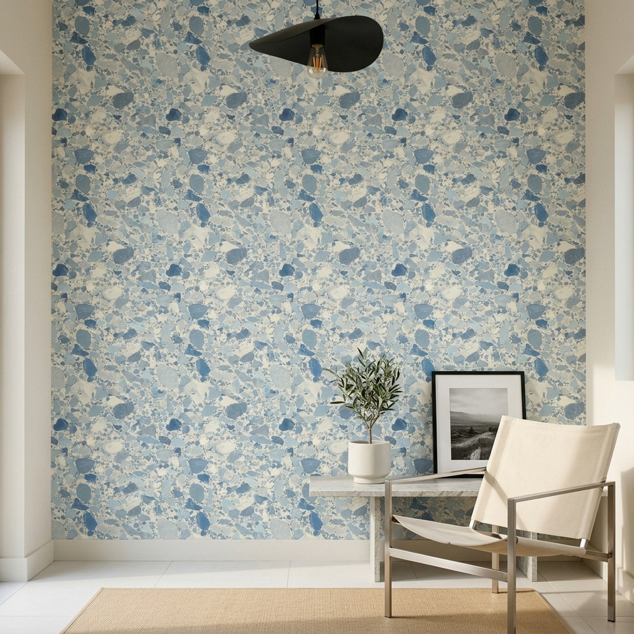 Terrazzo Desenli Duvar Kağıdı Mavi Gri Modern Salon