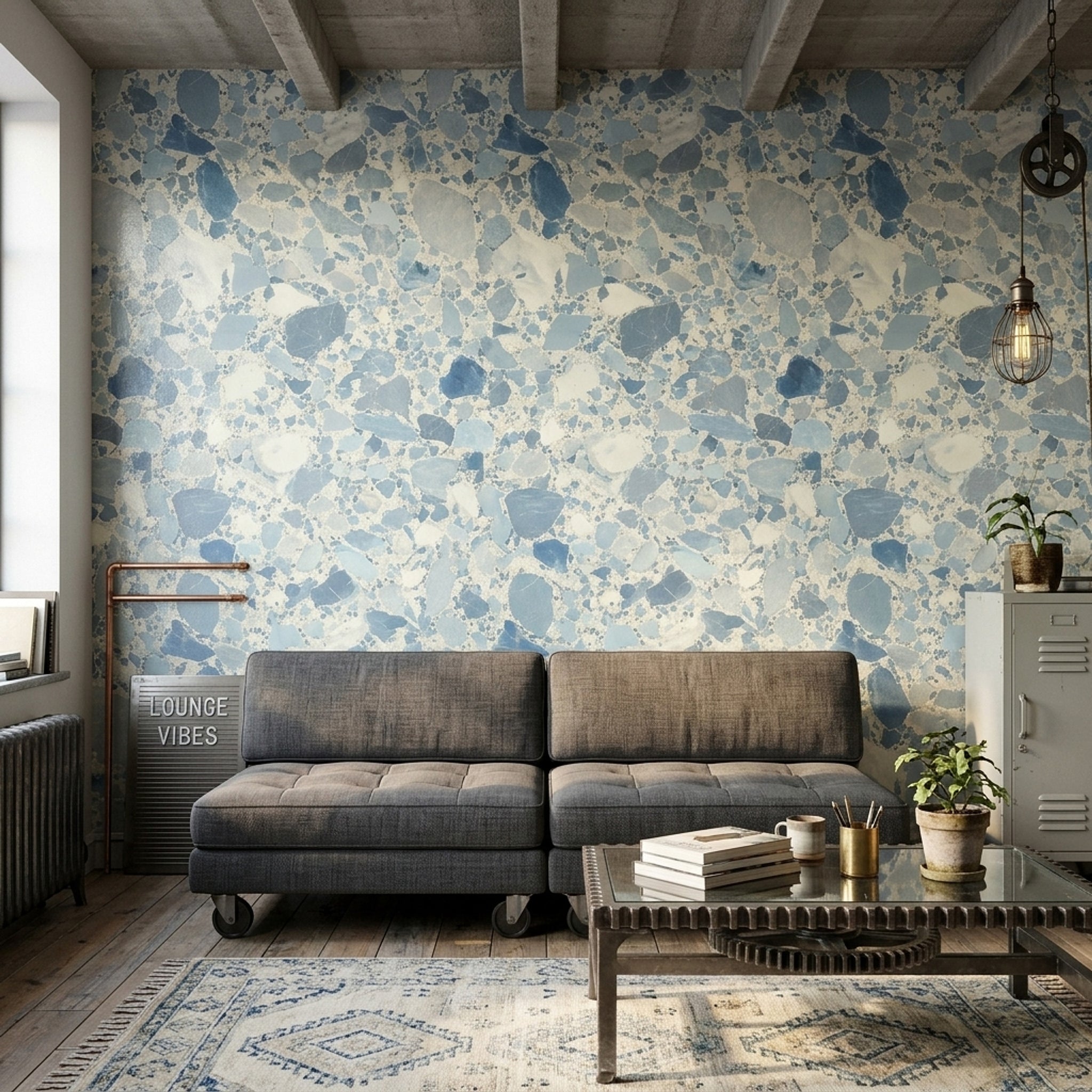 Terrazzo Desenli Duvar Kağıdı Mavi Gri Modern Salon