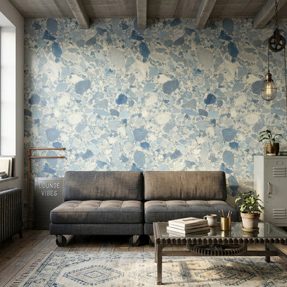 Terrazzo Desenli Duvar Kağıdı Mavi Gri Modern Salon
