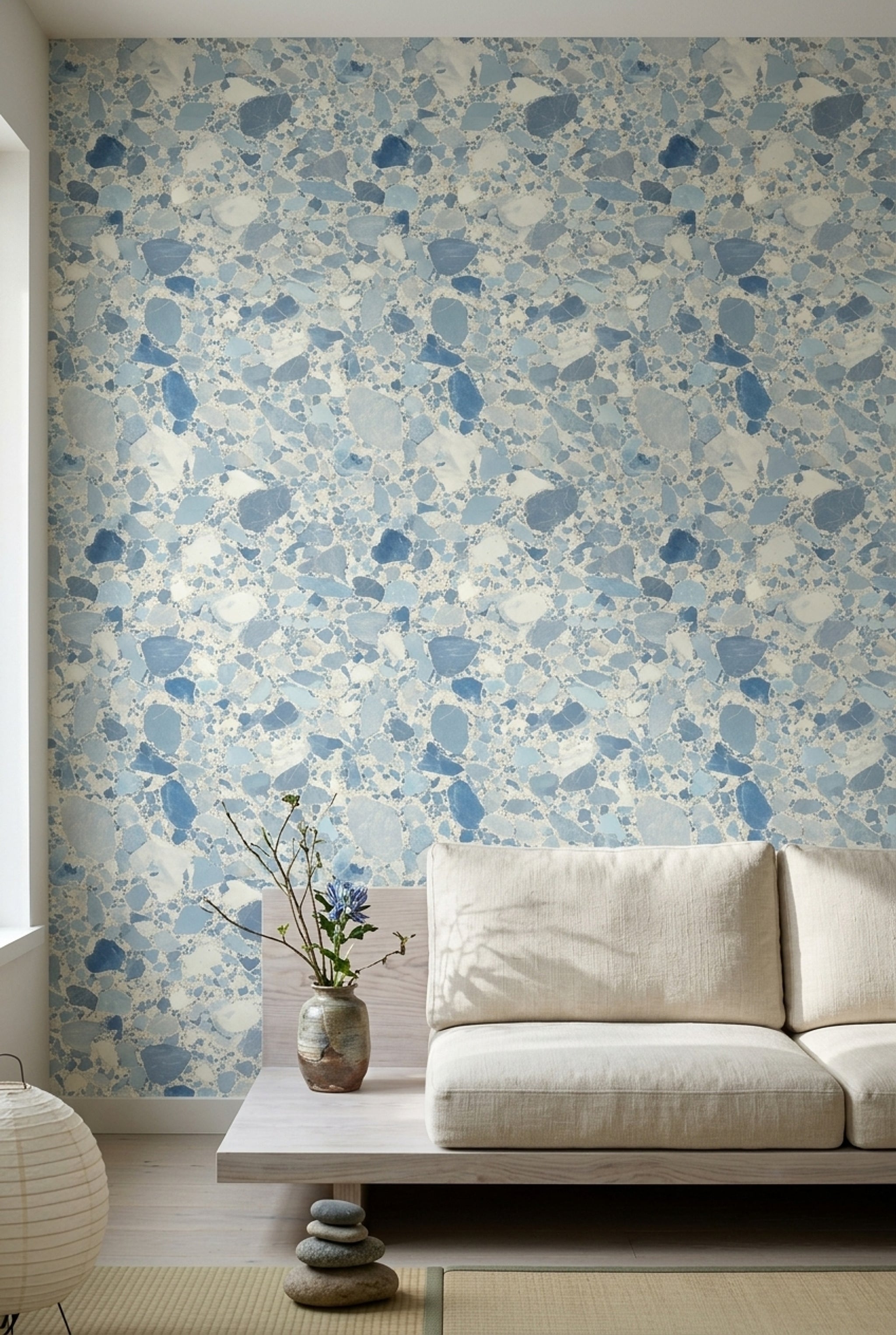Terrazzo Desenli Duvar Kağıdı Mavi Gri Modern Salon