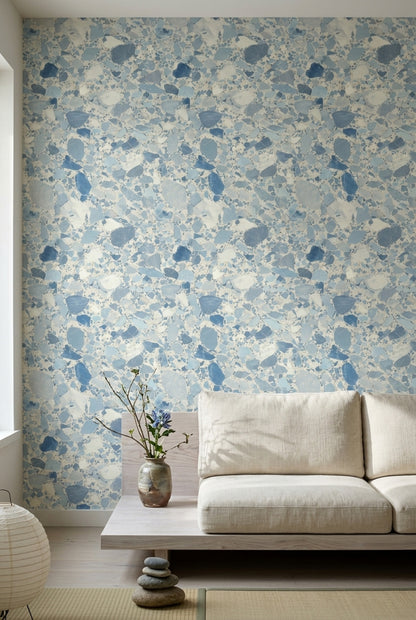 Terrazzo Desenli Duvar Kağıdı Mavi Gri Modern Salon