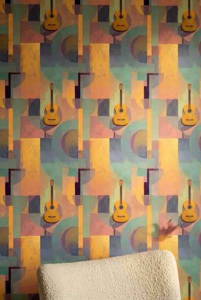 Geometrik Gitar Desenli Duvar Kağıdı Renkli Modern Salon