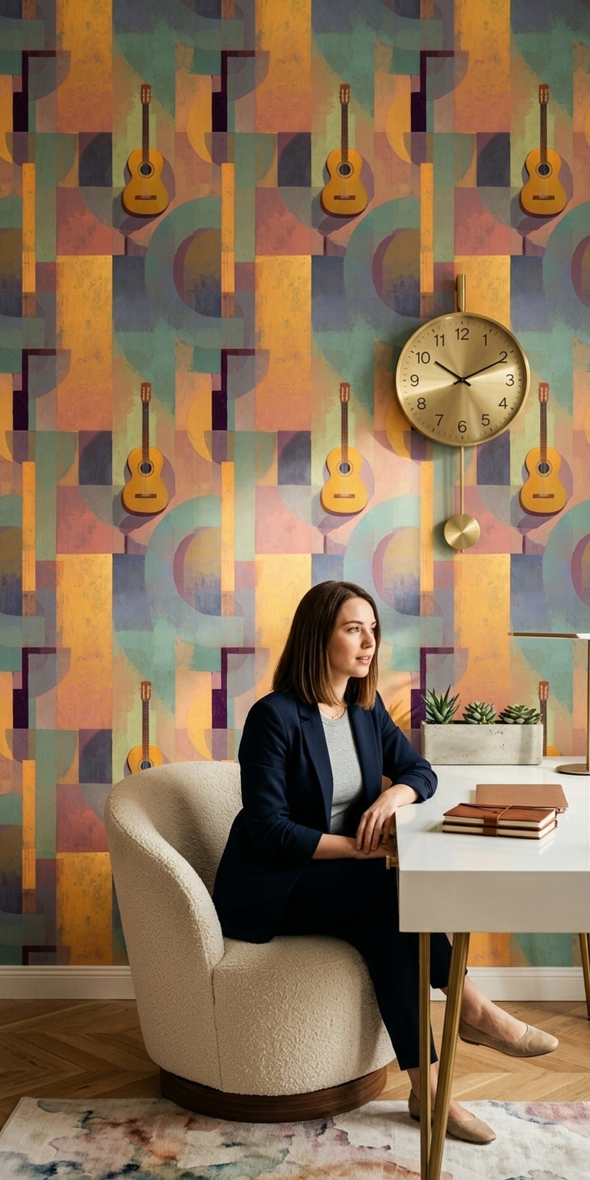 Geometrik Gitar Desenli Duvar Kağıdı Renkli Modern Salon