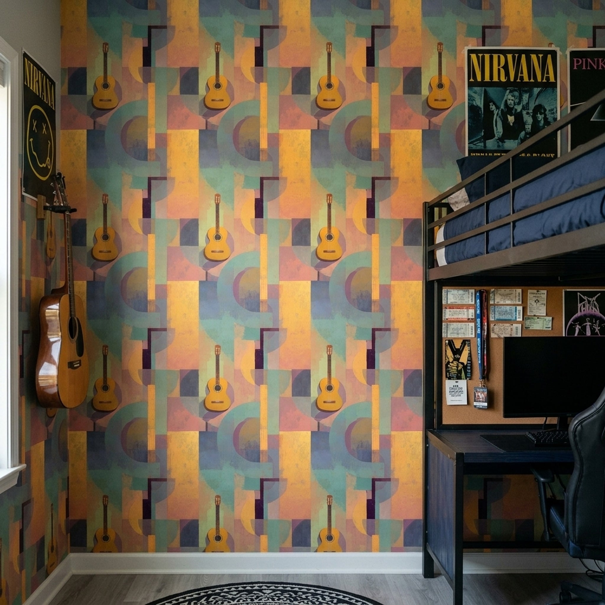 Geometrik Gitar Desenli Duvar Kağıdı Renkli Modern Salon
