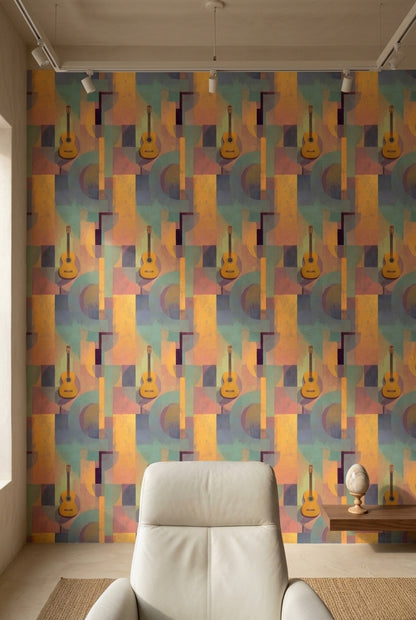 Geometrik Gitar Desenli Duvar Kağıdı Renkli Modern Salon