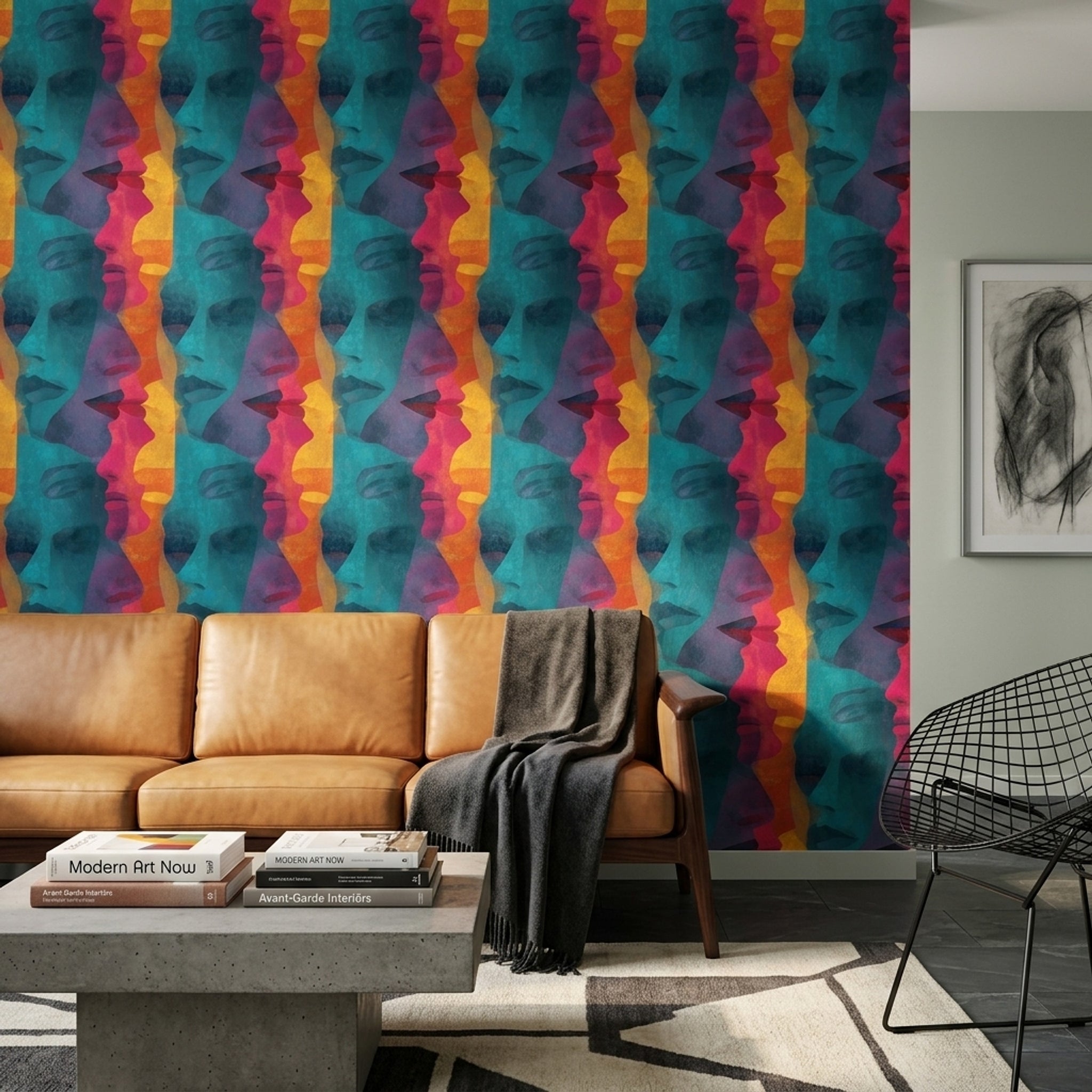Renkli Yüz Silüetli Duvar Kağıdı Modern Sanat Desenli