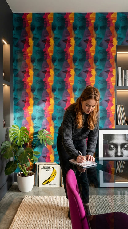 Renkli Yüz Silüetli Duvar Kağıdı Modern Sanat Desenli