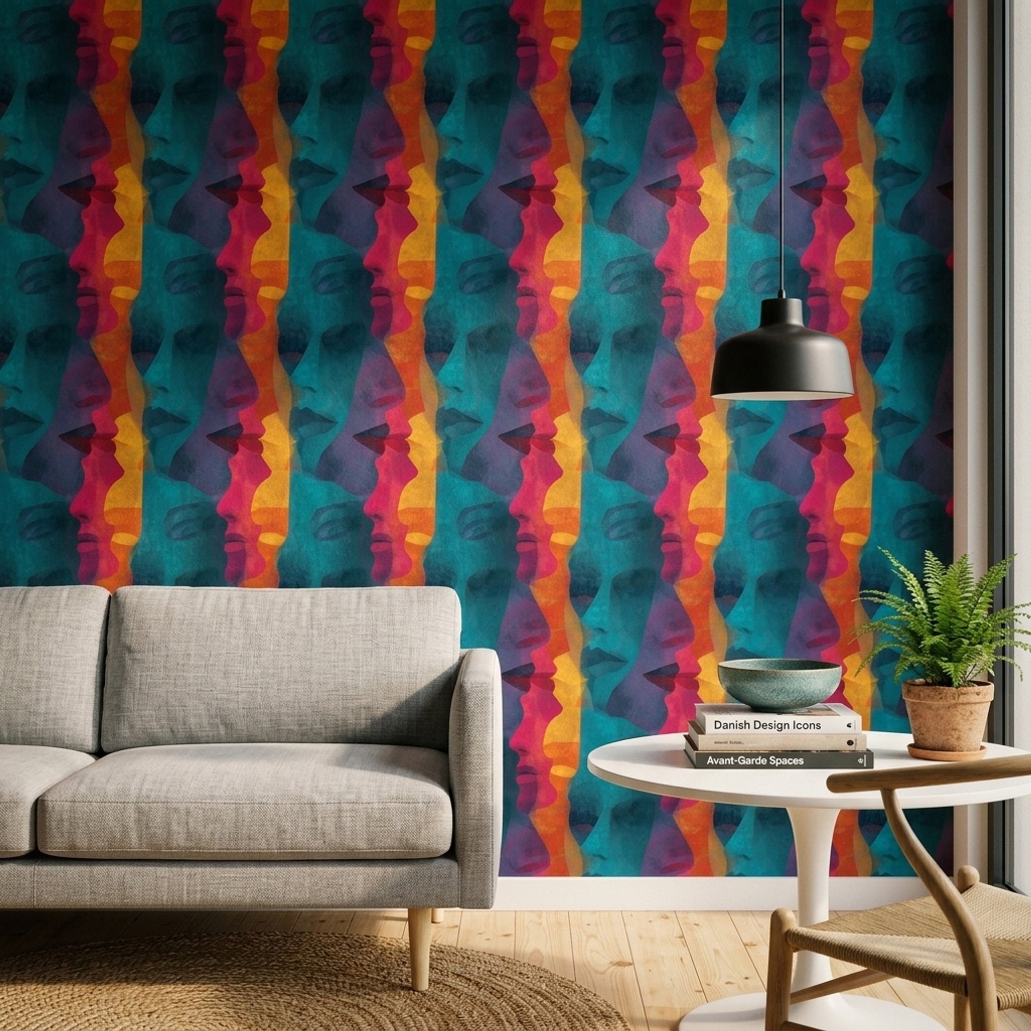 Renkli Yüz Silüetli Duvar Kağıdı Modern Sanat Desenli
