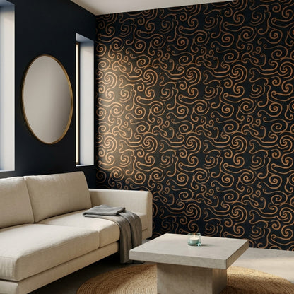Siyah Zemin Altın Kıvrımlı Desenli Duvar Kağıdı Salon