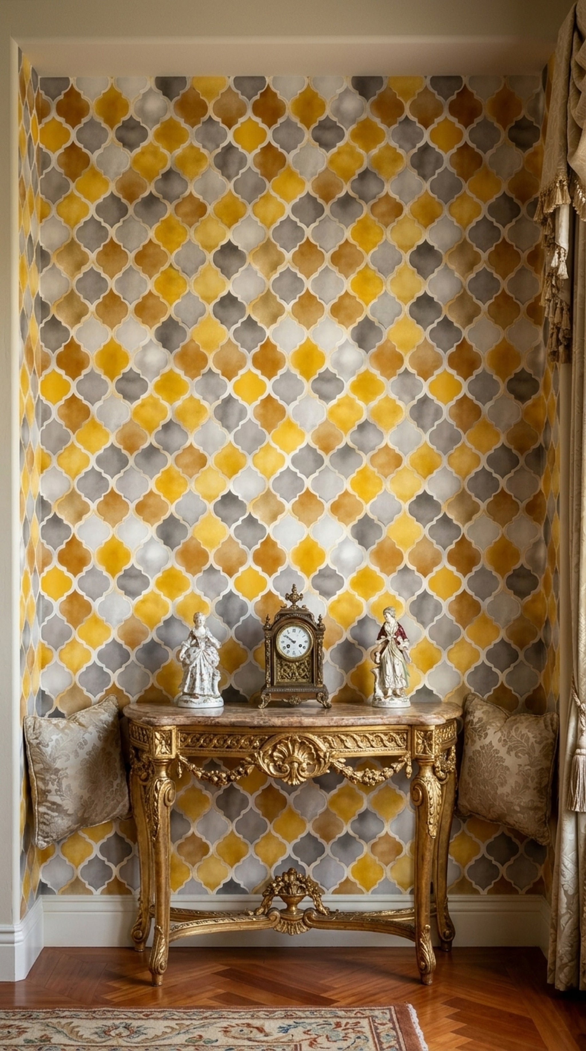 Sarı Gri Geometrik Duvar Kağıdı Modern Salon Deseni
