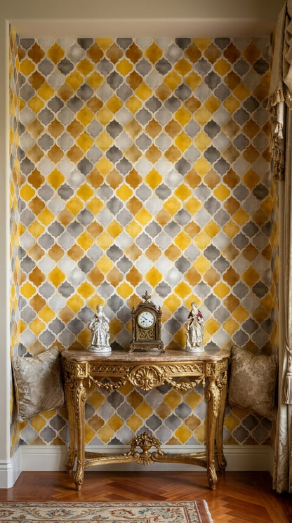 Sarı Gri Geometrik Duvar Kağıdı Modern Salon Deseni