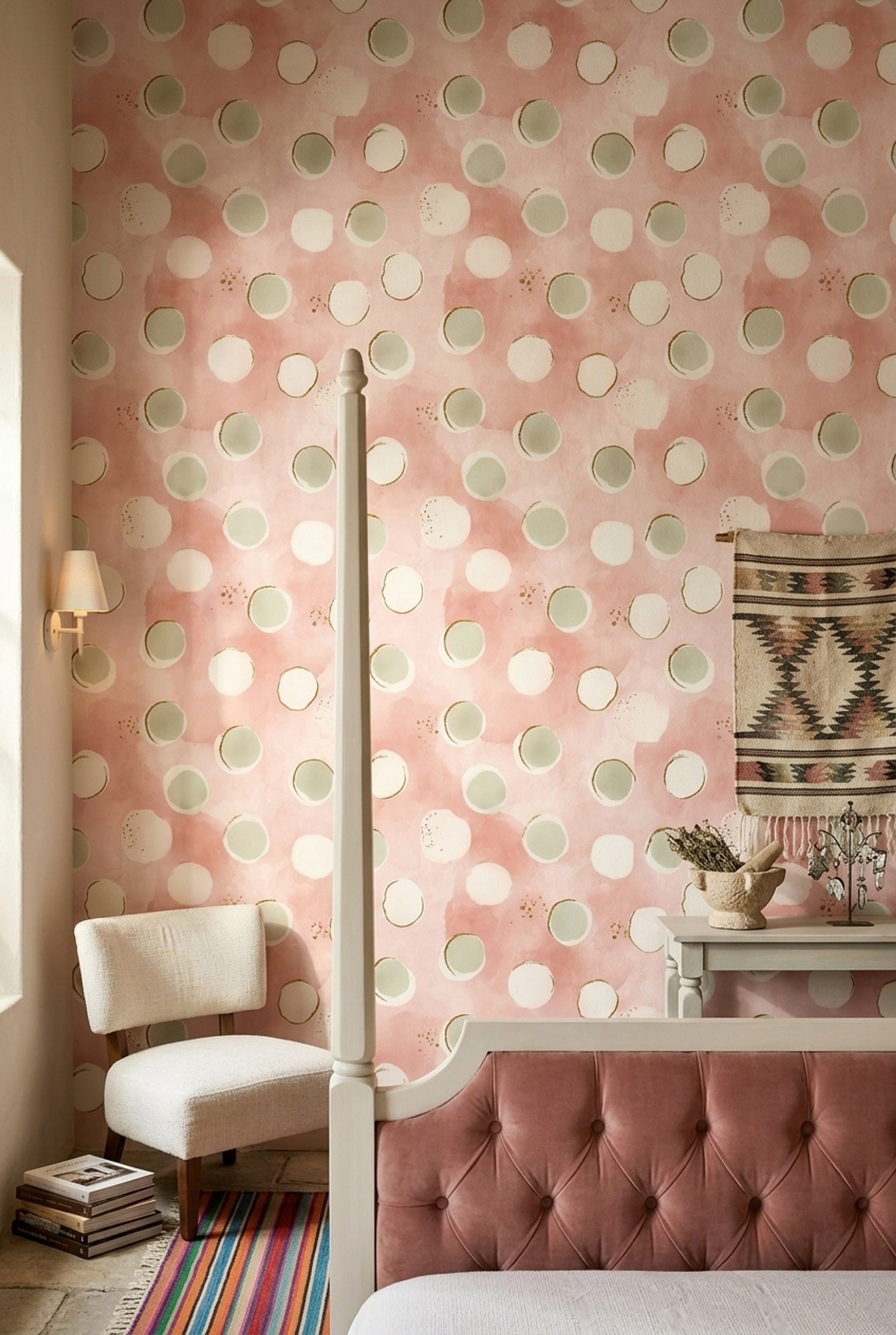 Puantiyeli Duvar Kağıdı Pudra Pembe Pastel Modern Desenli