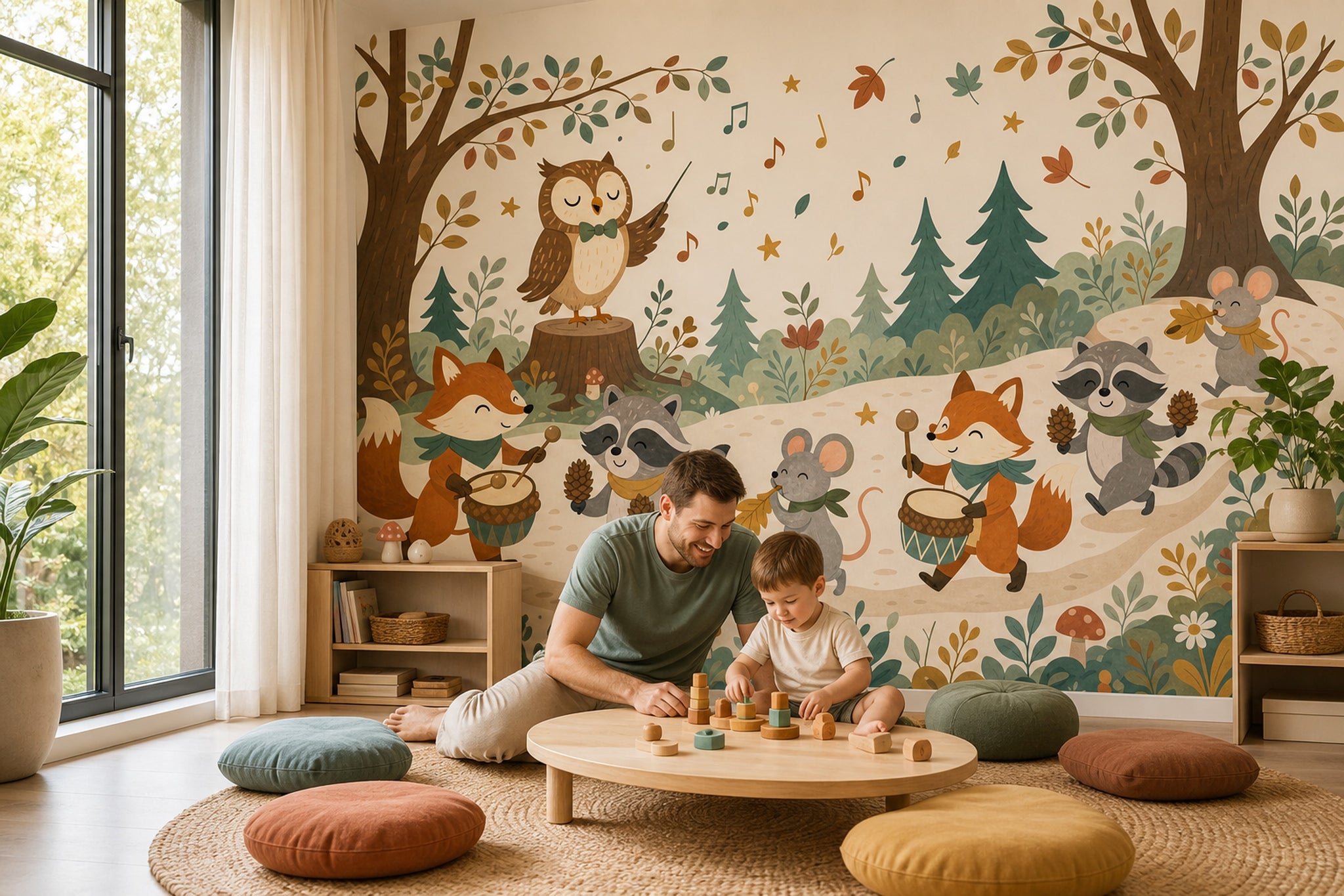 Orman Hayvanlı Poster Duvar Kağıdı Yeşil Çocuk Odası Deseni