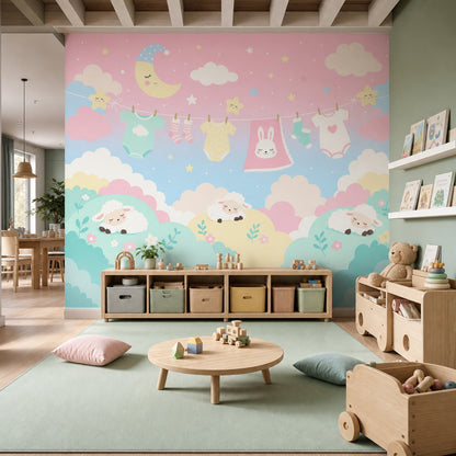 Bulut Ay Yıldızlı Poster Duvar Kağıdı Pastel Bebek Odası