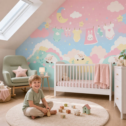 Bulut Ay Yıldızlı Poster Duvar Kağıdı Pastel Bebek Odası