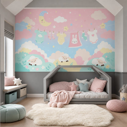 Bulut Ay Yıldızlı Poster Duvar Kağıdı Pastel Bebek Odası