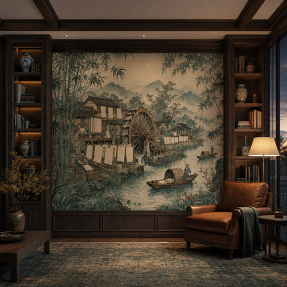 Uzak Doğu Manzaralı Poster Duvar Kağıdı Yeşil Mavi Salon