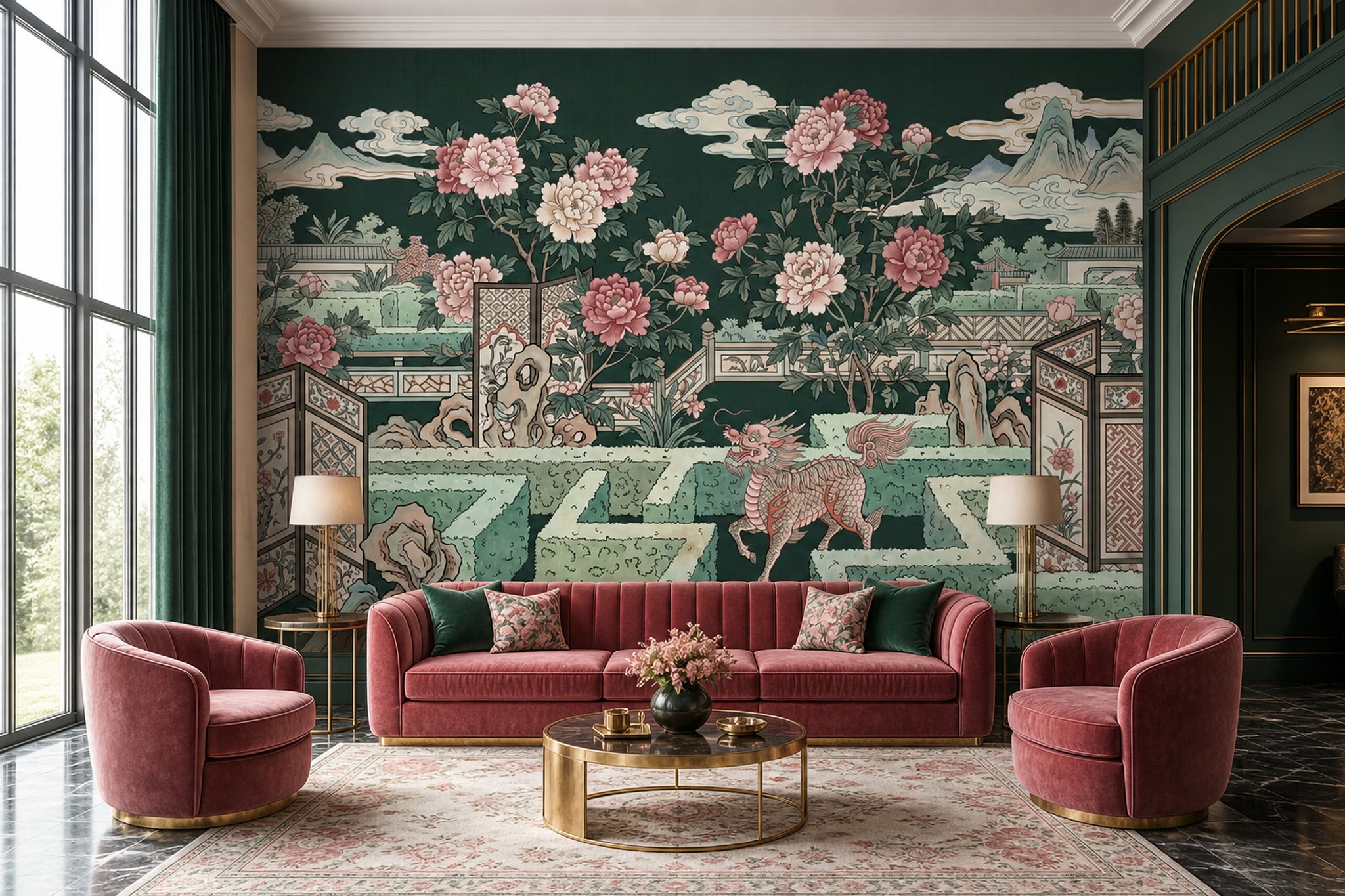 Japon Bahçesi Çiçekli Poster Duvar Kağıdı Zümrüt Yeşil Salon