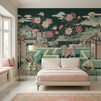 Japon Bahçesi Çiçekli Poster Duvar Kağıdı Zümrüt Yeşil Salon