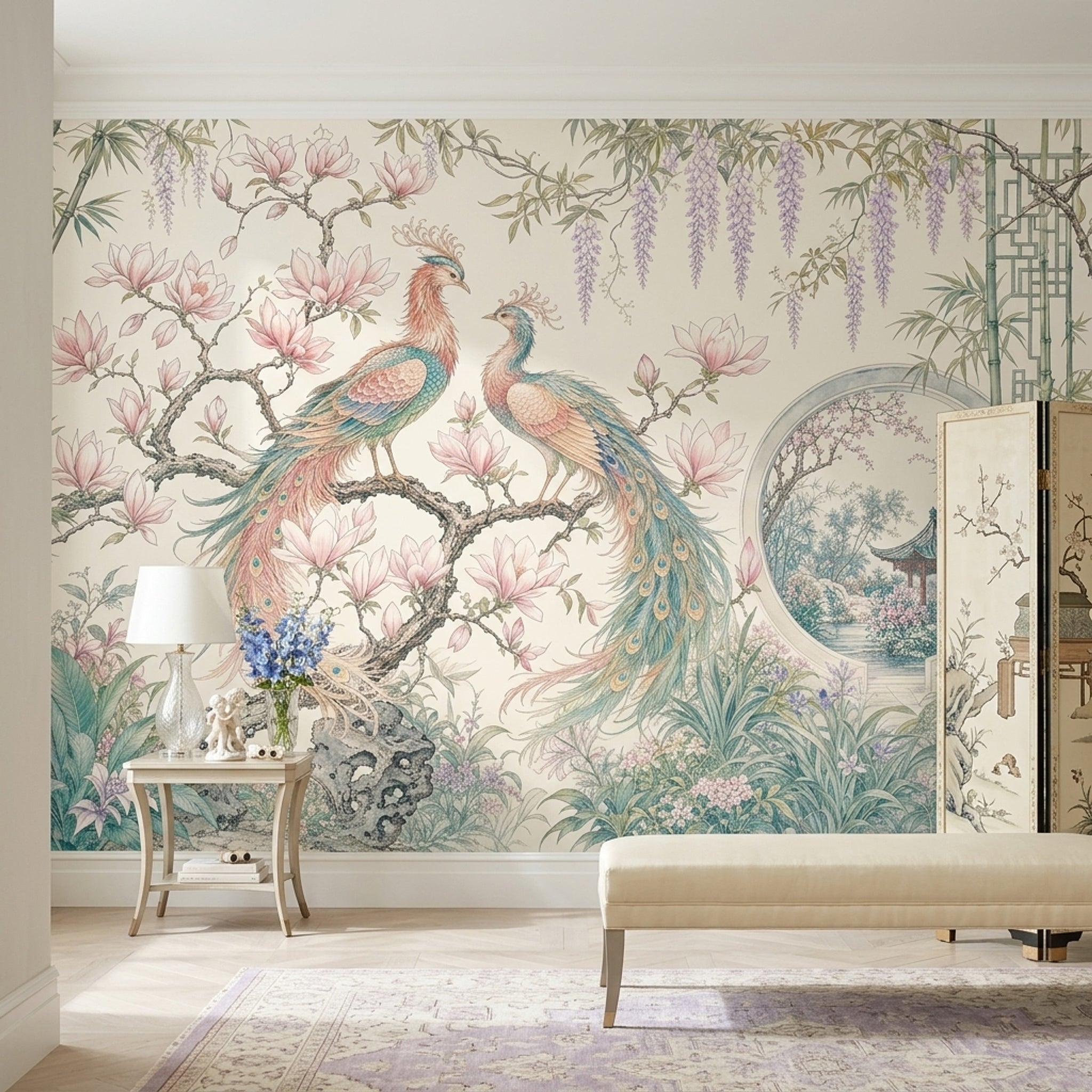 Çiçekli Tavus Kuşu Poster Duvar Kağıdı Pastel Salon Dekoru