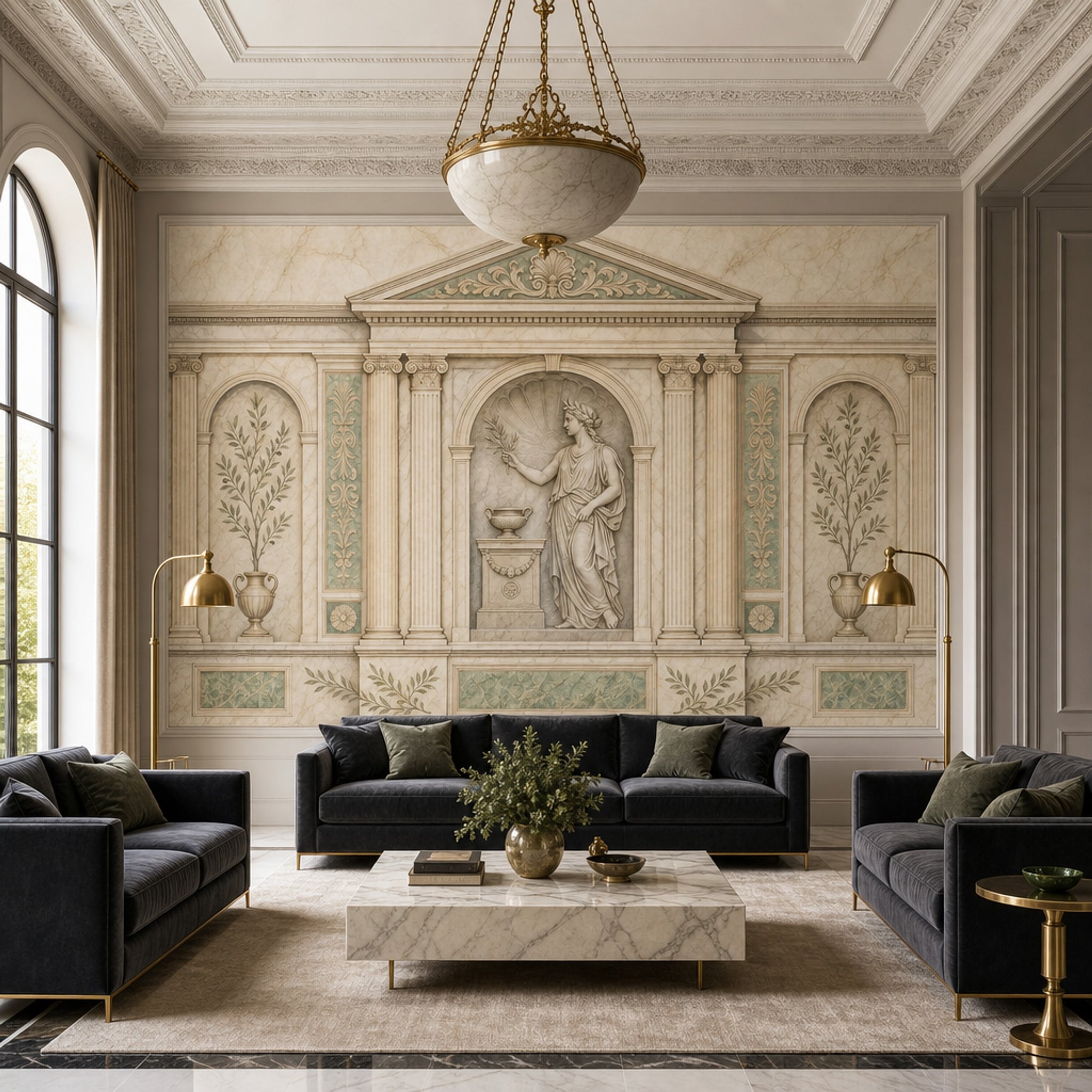 Klasik Roma Heykelli Poster Duvar Kağıdı Bej Yeşil Salon