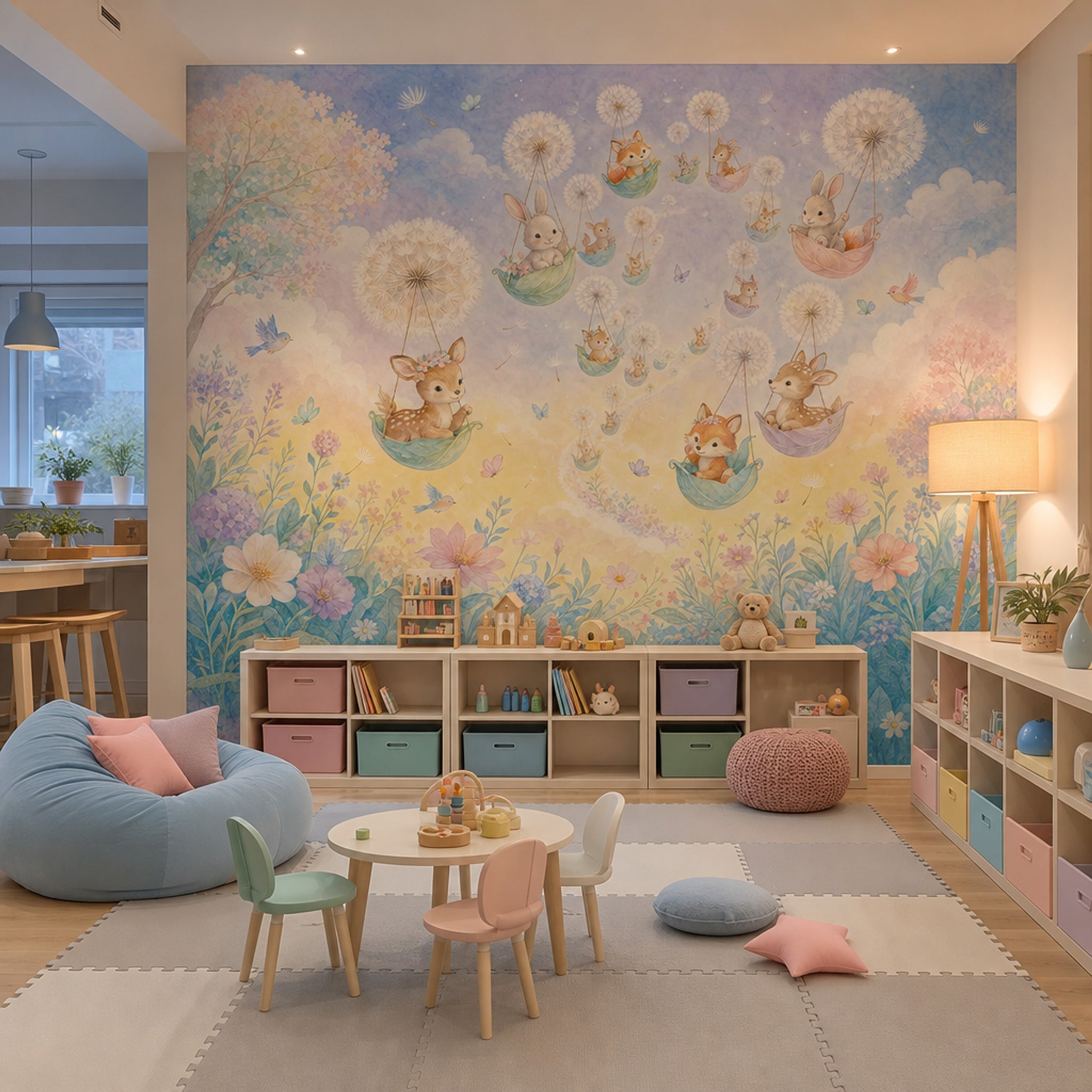 Uçan Hayvanlı Poster Duvar Kağıdı Pastel Çocuk Odası Bulutlu