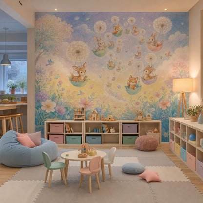 Uçan Hayvanlı Poster Duvar Kağıdı Pastel Çocuk Odası Bulutlu