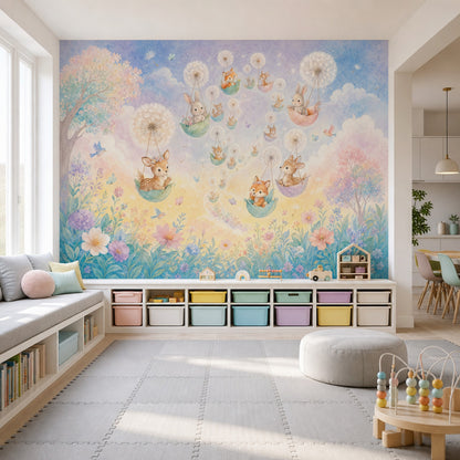 Uçan Hayvanlı Poster Duvar Kağıdı Pastel Çocuk Odası Bulutlu