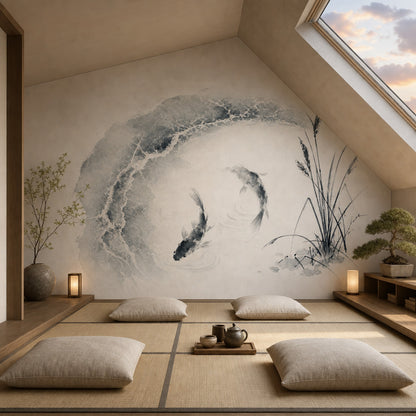 Japon Balıklı Poster Duvar Kağıdı Bej Gri Sulu Boya Salon
